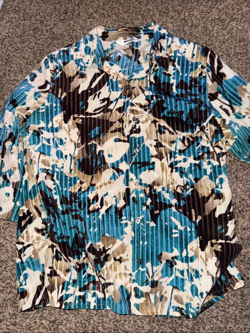 Pleated Abstract Print Button-Front Top in Teal Multi